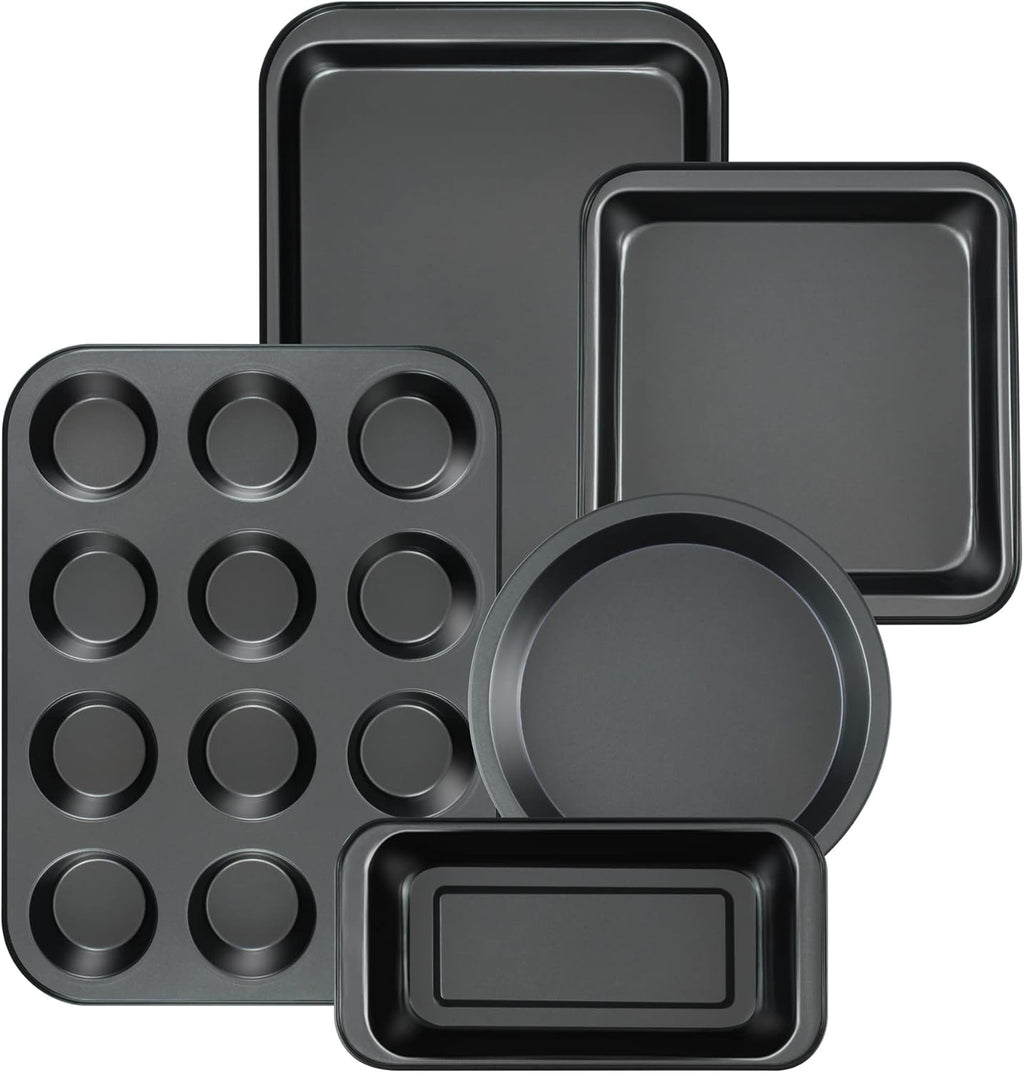 Kitchen 5-Piece Nonstick Bakeware Set - Round/Square Cake Pans, Muffin Pan, Loaf Pan, Roast Pan & Baking Sheets