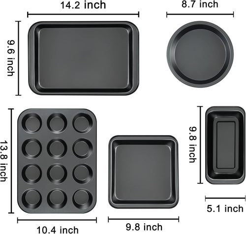 Kitchen 5-Piece Nonstick Bakeware Set - Round/Square Cake Pans, Muffin Pan, Loaf Pan, Roast Pan & Baking Sheets